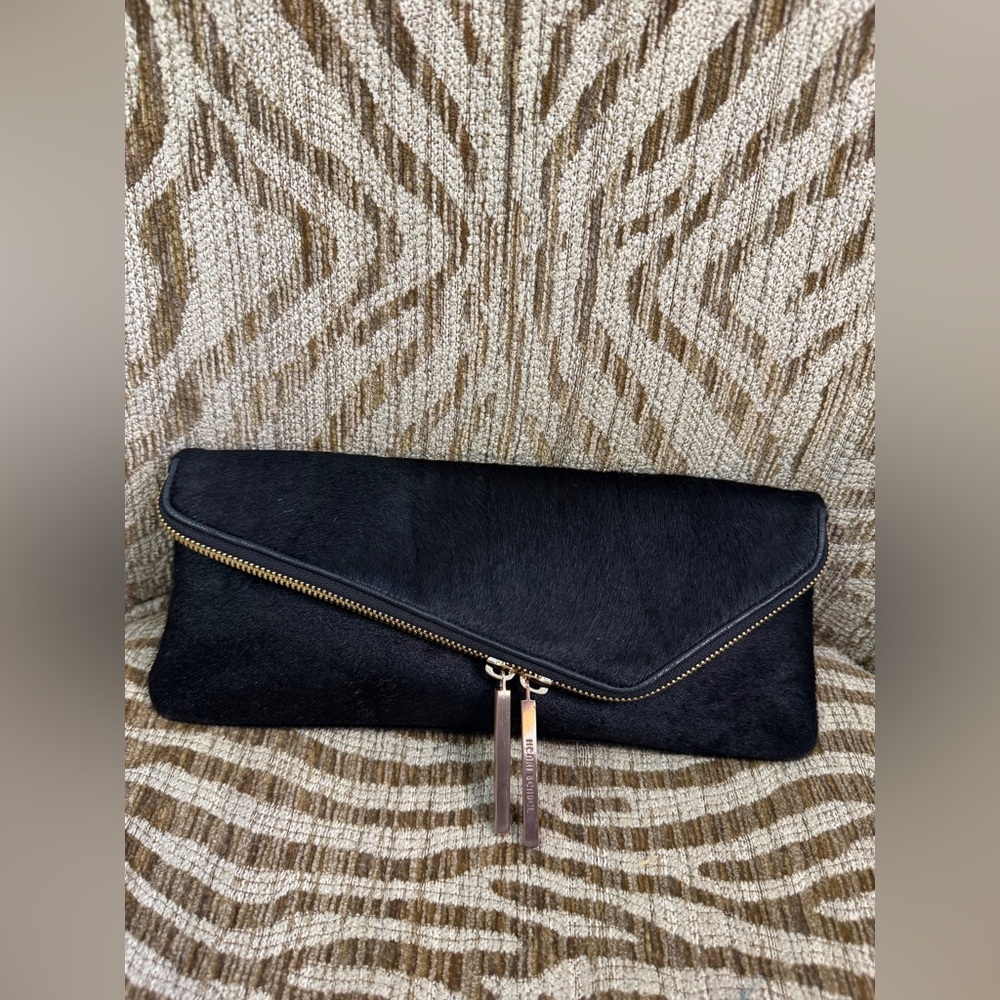 Henri Bendel Debutante Slim Foldover Clutch — Black Calf Hair Leather